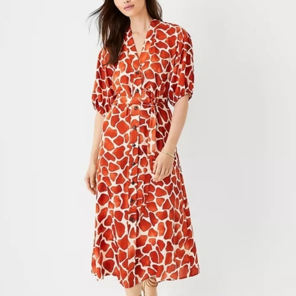 Ann Taylor Giraffe Puff Sleeve Pocket Shirtdress-Size Large
